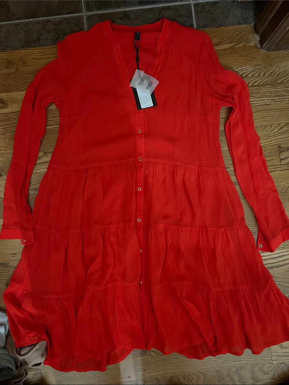 Long-Sleeve Red Tiered Button-Front Dress